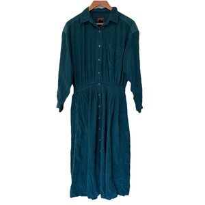 Vtg Eddie Bauer Teal Blue Large Petite Corduroy Button Up Dress Preppy Academia